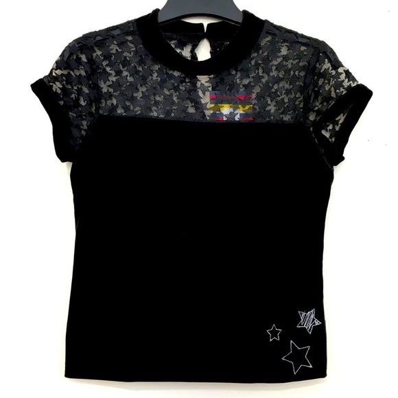 NOWADAYS Black Velvet & semi-sheer stars lace short sleeves top - Picture 1 of 15